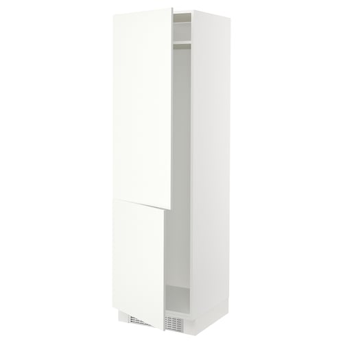 An ikea SEKTION white kitchen cabinet with a single door slightly ajar, revealing shelves inside.