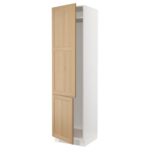 An ikea SEKTION kitchen cabinet with vedhamn light oak doors. It two doors, adjustable shelves, snap-on hinges, and a door damper for smooth closure.