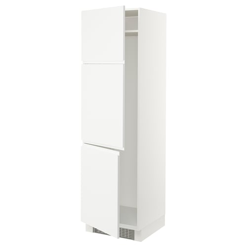 White tall kitchen cabinet with two doors and adjustable shelves.