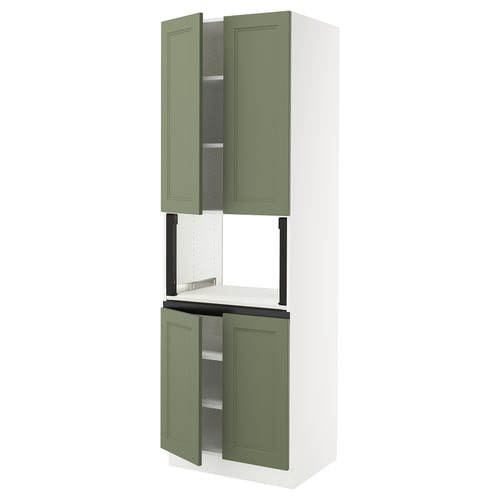 White kitchen cabinet with 3 green doors, mix of closed & open storage, modern minimalist design.