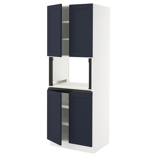 Displays a SEKTION kitchen cabinet with dark blue axstad doors, white frame, and multiple shelves.