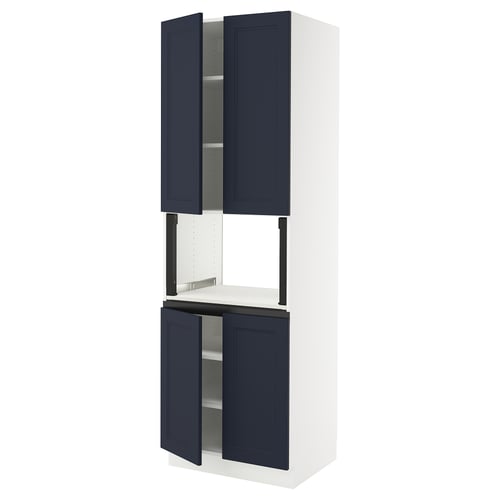 An ikea SEKTION kitchen unit with dark blue doors. It has an open top section and a closed bottom section.