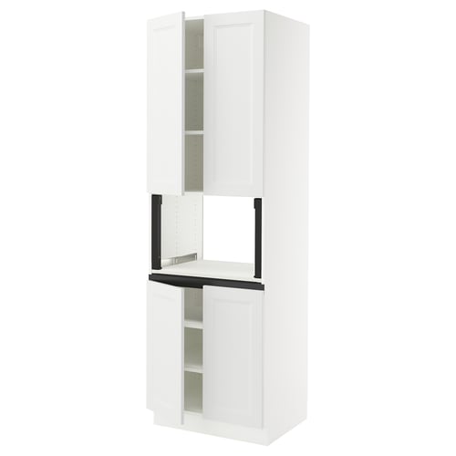 A white, tall SEKTION kitchen cabinet with two doors and two shelves exposed. Its sleek modern design offers ample storage.