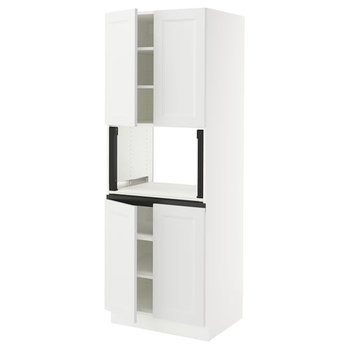A white SEKTION kitchen cabinet with black accents, featuring two doors with shelves inside.