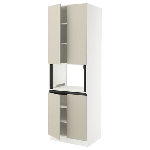 An open SEKTION kitchen cabinet in beige. It shelves inside and a modern, smooth design.