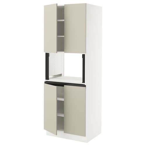A SEKTION kitchen cabinet with beige havstorp fronts, featuring smooth surfaces and clean lines. It has two open doors revealing shelves.