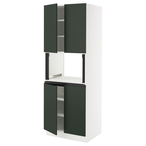 This image shows a SEKTION kitchen cabinet in white with green havstorp doors, featuring a modern design with two open compartments and shelves.