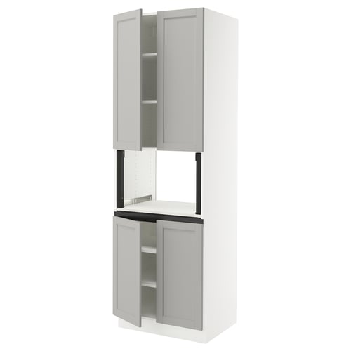 Ikea SEKTION light grey kitchen unit, tall with open doors, sleek modern design.