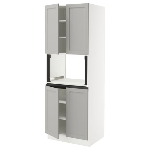 White SEKTION kitchen unit with light grey lerhyttan doors and shelves.