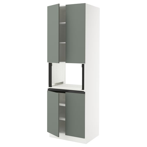 IKEAs SEKTION kitchen unit in modern grey-green. It two tall cabinets and a countertop with shelves.