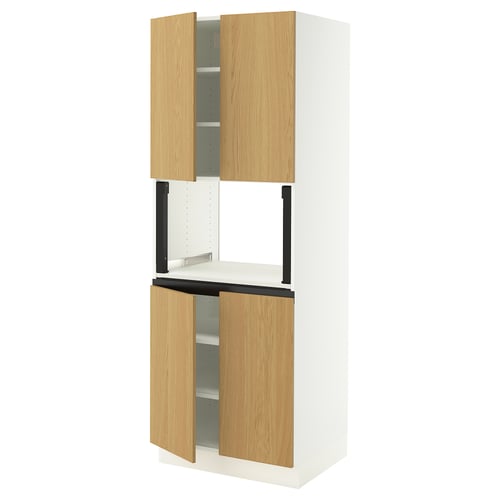 A white and oak SEKTION kitchen cabinet with open doors and adjustable shelves.
