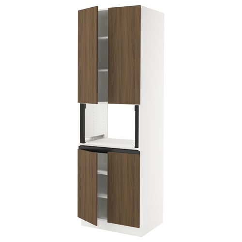 Ikea SEKTION kitchen unit, white and walnut, tall with shelves.
