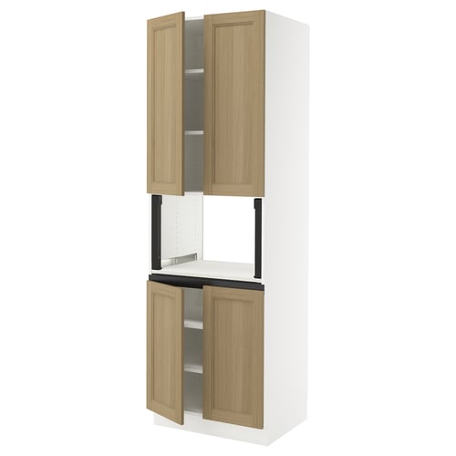 SEKTION kitchen cabinet with oak doors, white base, open doors revealing shelves.