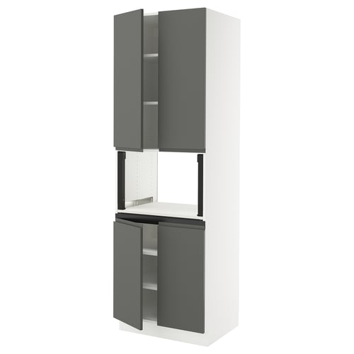 Modern grey kitchen unit with white frame, tall and rectangular, featuring minimalist handles and multiple shelves.