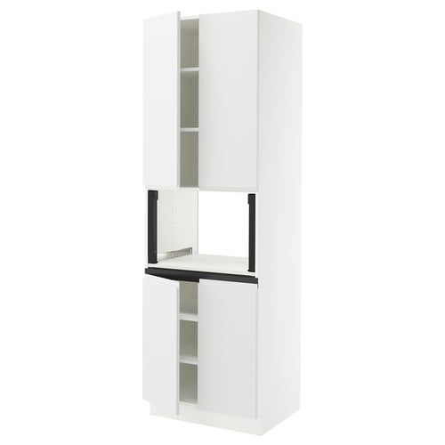 White tall cabinet, modern, minimalist design. Two upper doors open, lower shelf visible. Streamlined look with integrated handles.