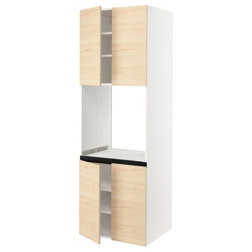 An ikea SEKTION kitchen cabinet in light ash wood. It a tall white frame with wooden doors, a shelf, and an open center section.