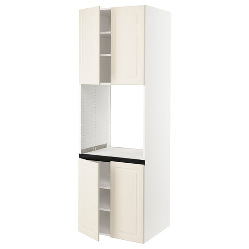 White SEKTION kitchen cabinet with off-white doors, featuring a tall, rectangular shape with a clean, traditional design.