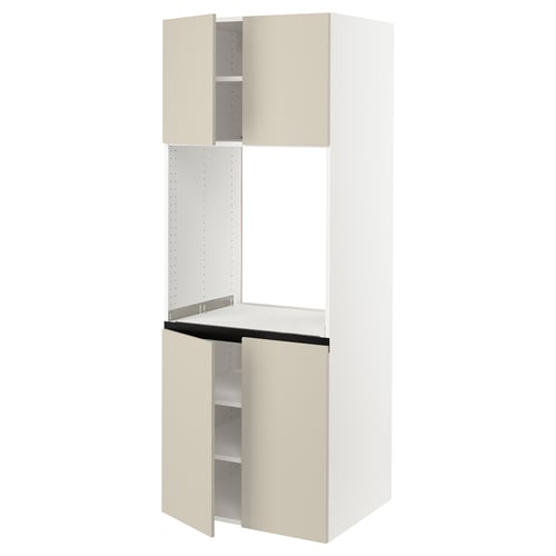 An ikea SEKTION kitchen cabinet in beige. It two open doors revealing shelves inside. The cabinet is rectangular with a smooth finish.