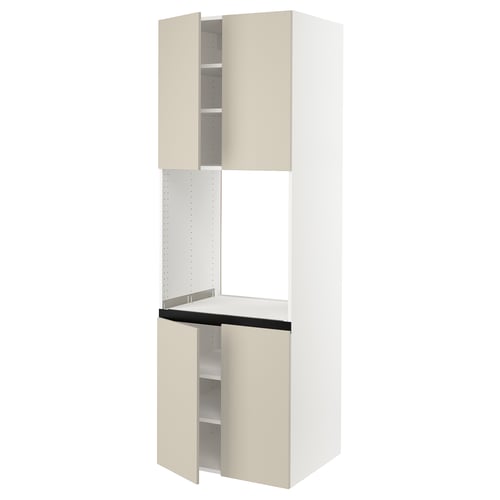 An ikea SEKTION kitchen unit with beige havstorp doors, featuring a tall cabinet with shelves and a countertop.