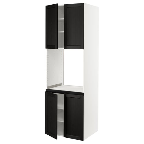 SEKTION kitchen unit: tall, white cabinet with black stained, squared doors, featuring two shelves in each door.