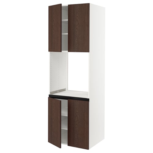 Modern kitchen cabinet, white & dark brown, wooden details.