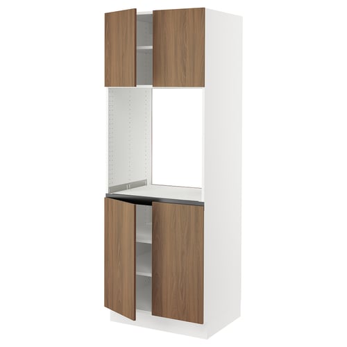 SEKTION kitchen cabinet, white and walnut. Tall, rectangular with two open doors and two shelves.