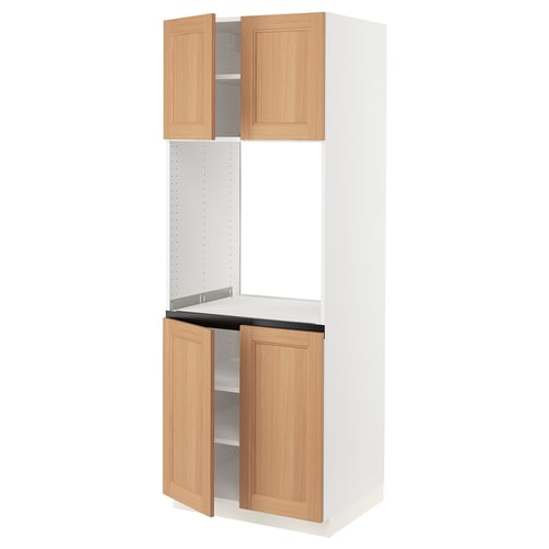An ikea SEKTION kitchen cabinet with wooden doors; tall, white, rectangular with shelves.