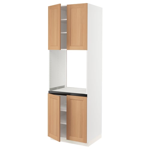 SEKTION kitchen unit, white and oak, tall cabinet, open doors, sturdy design.