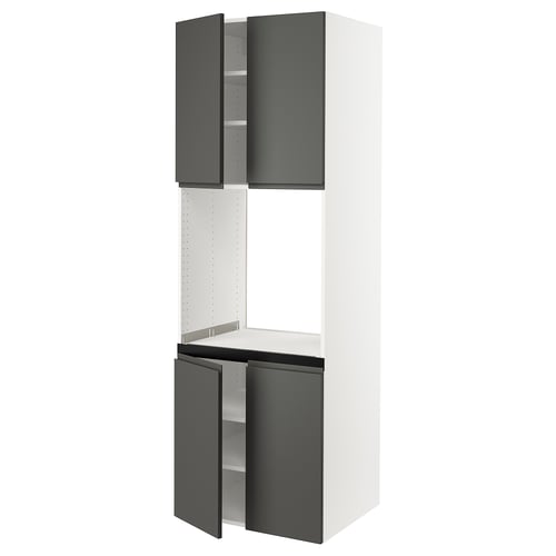 SEKTION kitchen units in matt dark grey with integrated handles, modern, tall, white and grey, wooden material, sleek design.