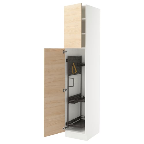 SEKTION kitchen cabinet with light ash door open, showing interior shelves.