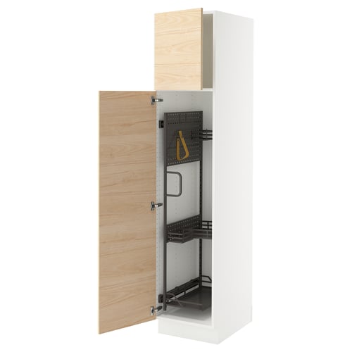 White kitchen cabinet with light ash wood door open, showing adjustable shelves.