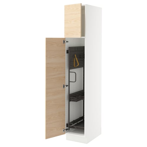 An open white SEKTION kitchen cabinet with light ash wood-patterned doors and adjustable shelves.