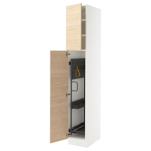 White SEKTION kitchen cabinet with light ash door, open revealing adjustable shelves.