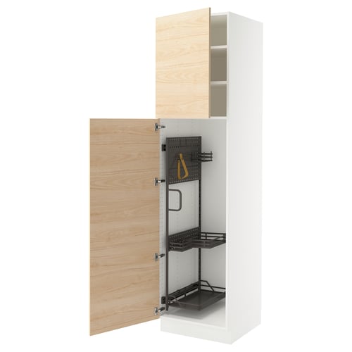 This image shows an open SEKTION kitchen cabinet in white with a wooden door. It adjustable shelves and a black wire rack inside.