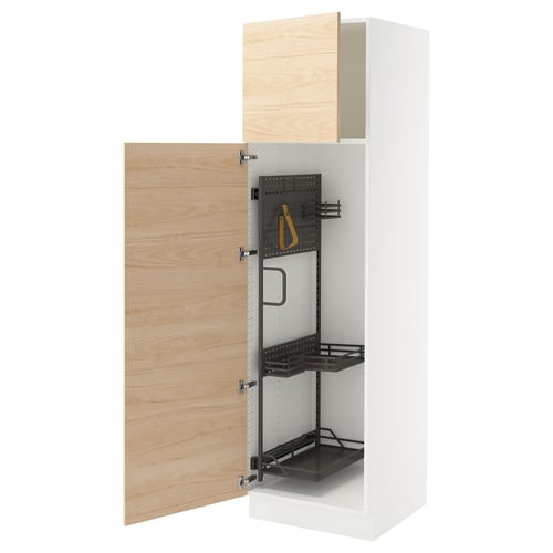 Wooden cabinet with open door and shelves.