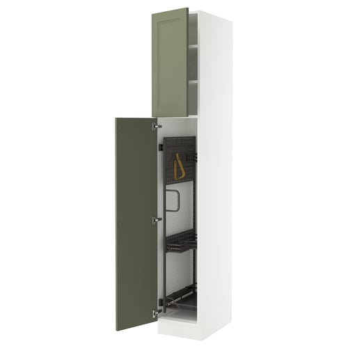 This image shows an open white ikea SEKTION cabinet with green doors, revealing adjustable shelves and hardware, displaying a modern and clean design.