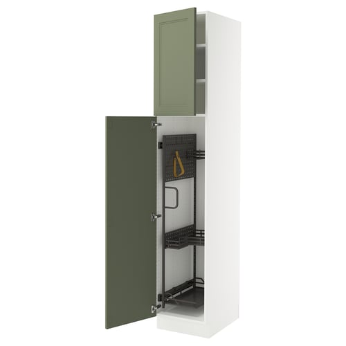 White tall kitchen cabinet with green doors open, revealing adjustable shelves and steel accessories.