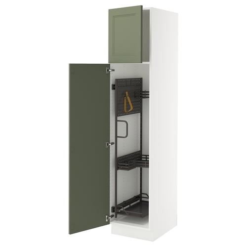 A tall green SEKTION cabinet with open doors, revealing adjustable shelves. Its white and green, modern design with hinges visible.