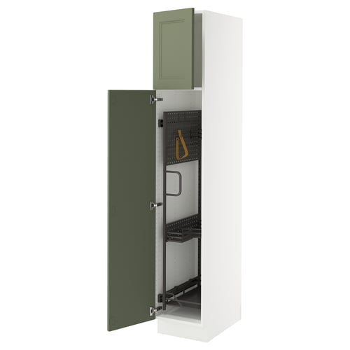 This image shows an open green and white SEKTION kitchen cabinet with adjustable shelves and a door that opens to the left or right.