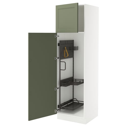 A SEKTION kitchen cabinet in green with adjustable shelves and a dampening hinge.