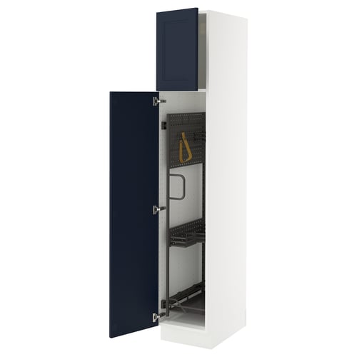 An opened white and blue SEKTION kitchen cabinet with adjustable shelves and a door stop mechanism.