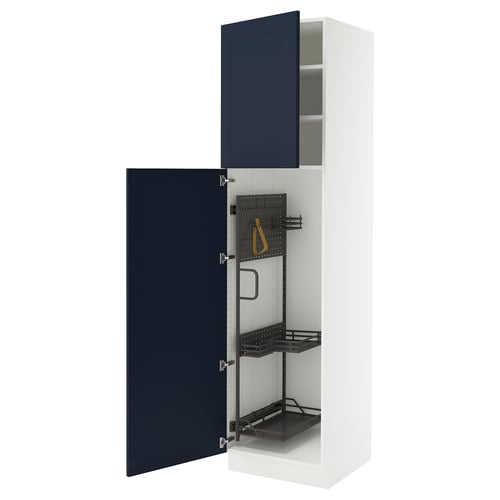 SEKTION white kitchen cabinet with blue doors, open showing interior shelves and organisation.