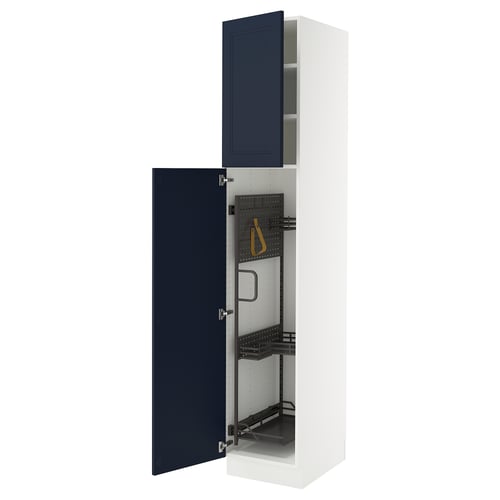 Ikea SEKTION white cabinet with blue door open, metal shelves.