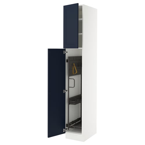 White cabinet with blue doors, adjustable shelves, and soft-closing hinges.