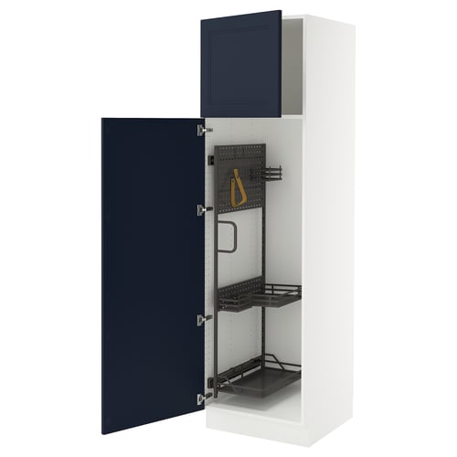 White wall cabinet with blue doors. Opened to show shelves and pegboard.