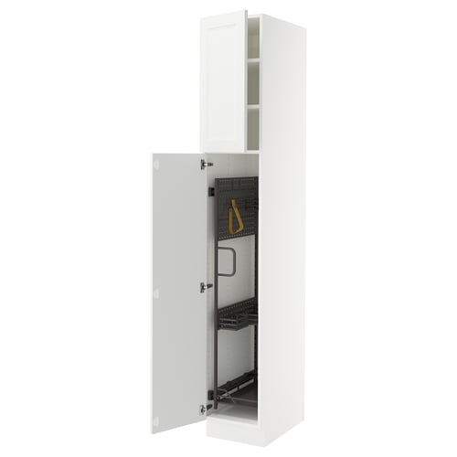 A white, tall kitchen cabinet with an open door revealing adjustable shelves inside.