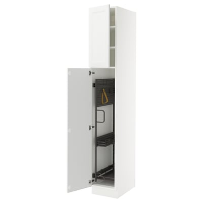 A white, tall kitchen cabinet with an open door revealing adjustable shelves inside.