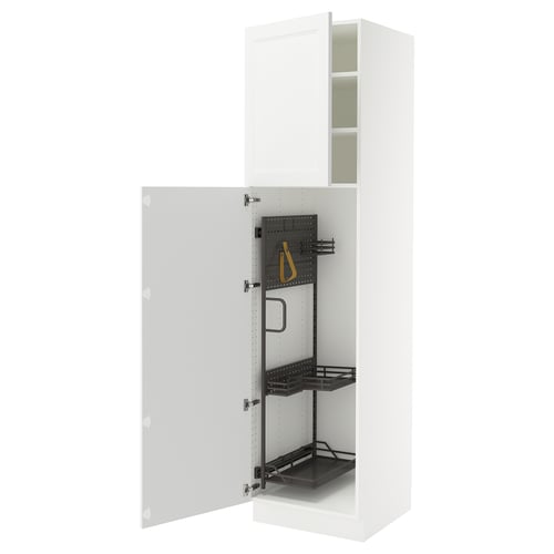 White SEKTION kitchen cabinet with adjustable shelves and a pegboard, shown with the door open.