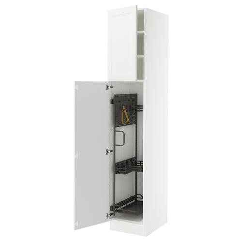 White SEKTION kitchen cabinet with adjustable shelves, open doors revealing inner organisation.