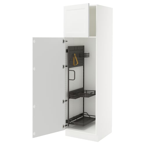 SEKTION white kitchen cabinet, open doors showcasing metal shelves, accessories included.